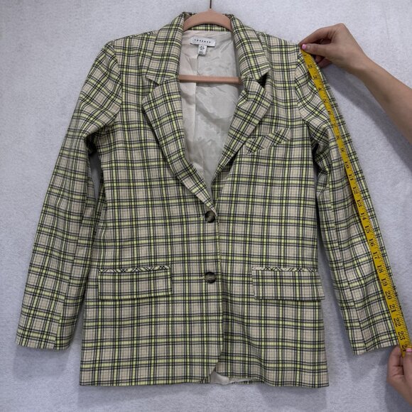 Topshop Blazer Womens US 2 Beige Neon Yellow Plaid Two Button Lined 17B17MULT - Picture 4 of 12